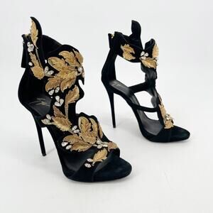 Giuseppe Zanotti Coline Black Suede Gold Leaf Crystal Heel Sandals size IT 37.5